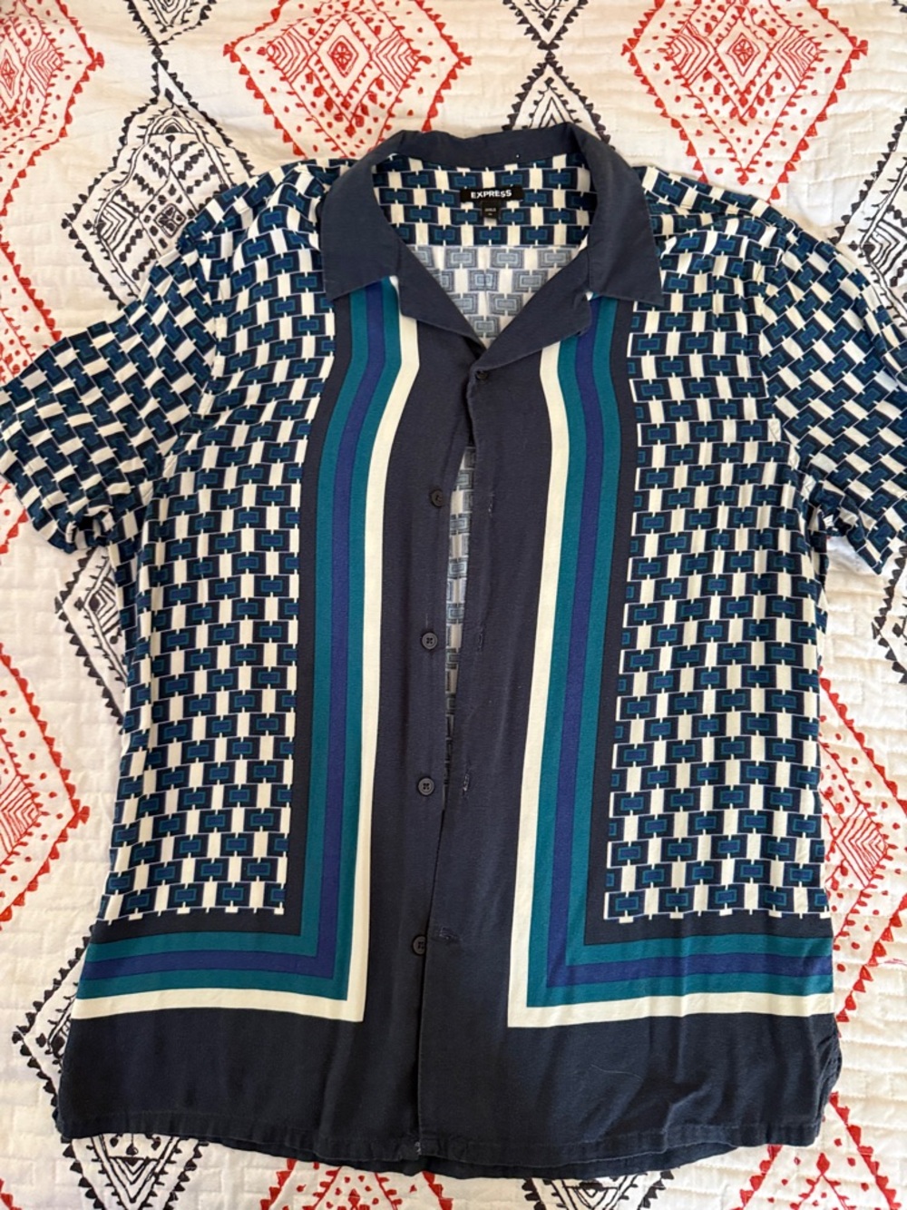 Express Navy Blue Teal Striped Geometric Button-Up Shirt